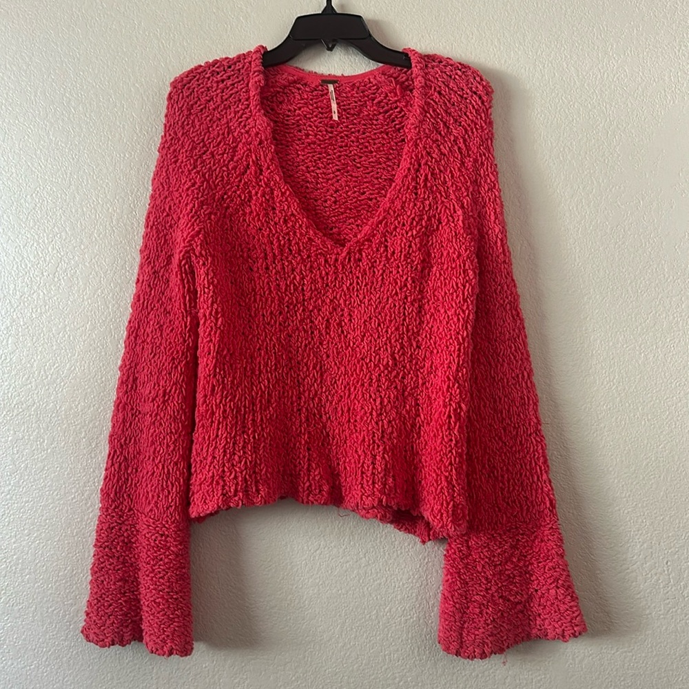 Free People Small Hot Pink V Neck Sweater